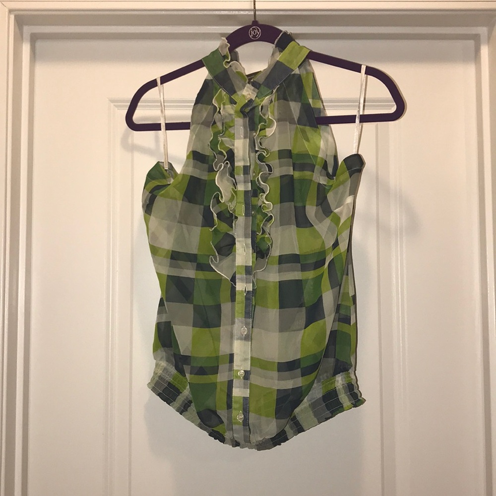 Dots plaid sheer sleeves ruffle shirt